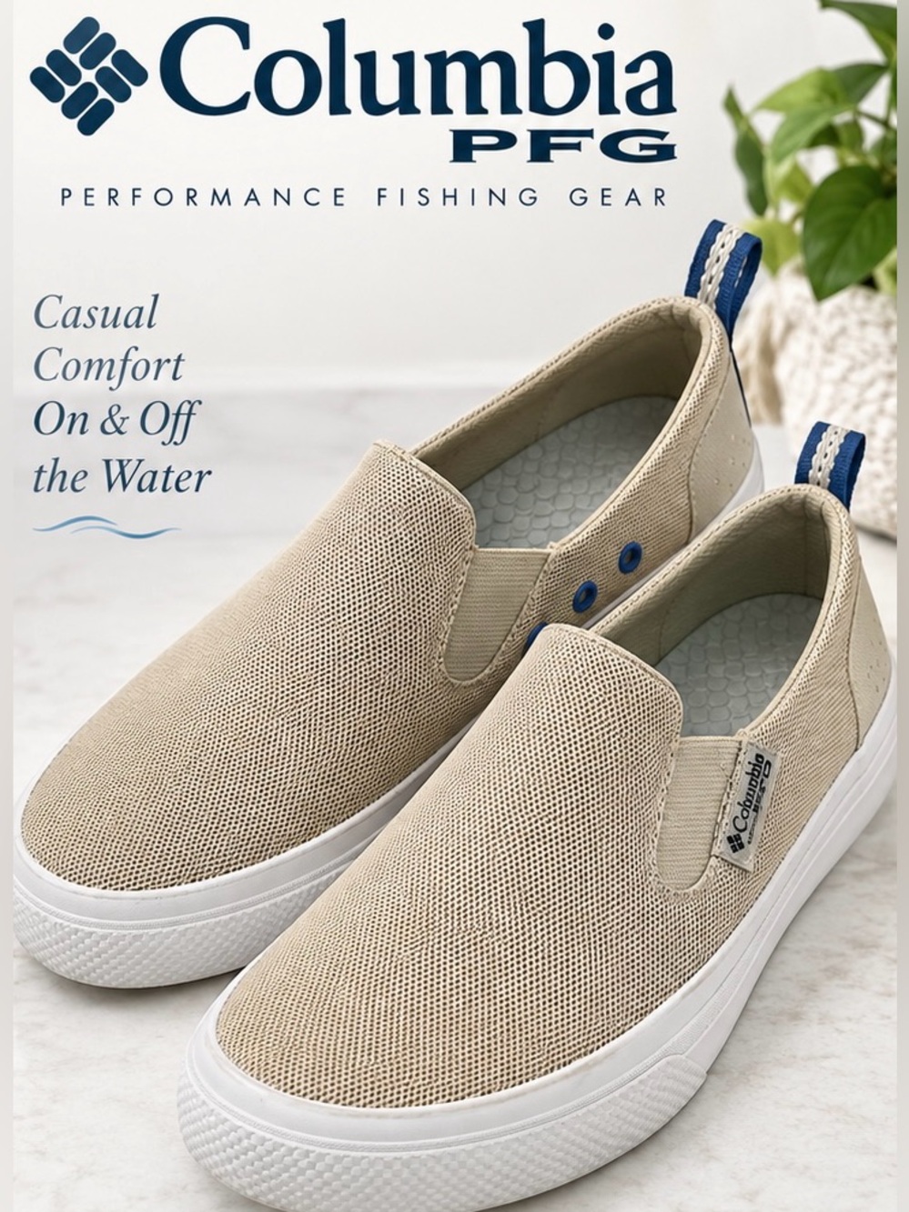 COLUMBIA PFG. BEIGH SLIP-ON MESH BOAT SHOES WOMENS 7.5